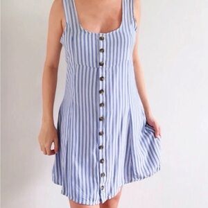 American Eagle Women’s Striped Dress Blue White Button Front Sz Medium Tie Waist